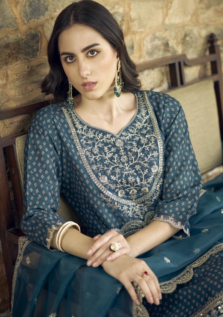 Blue Embroidered Silk Blend Salwar Kameez With Dupatta