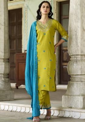 Lemon Yellow Embroidered Silk Blend Salwar Kameez With Dupatta