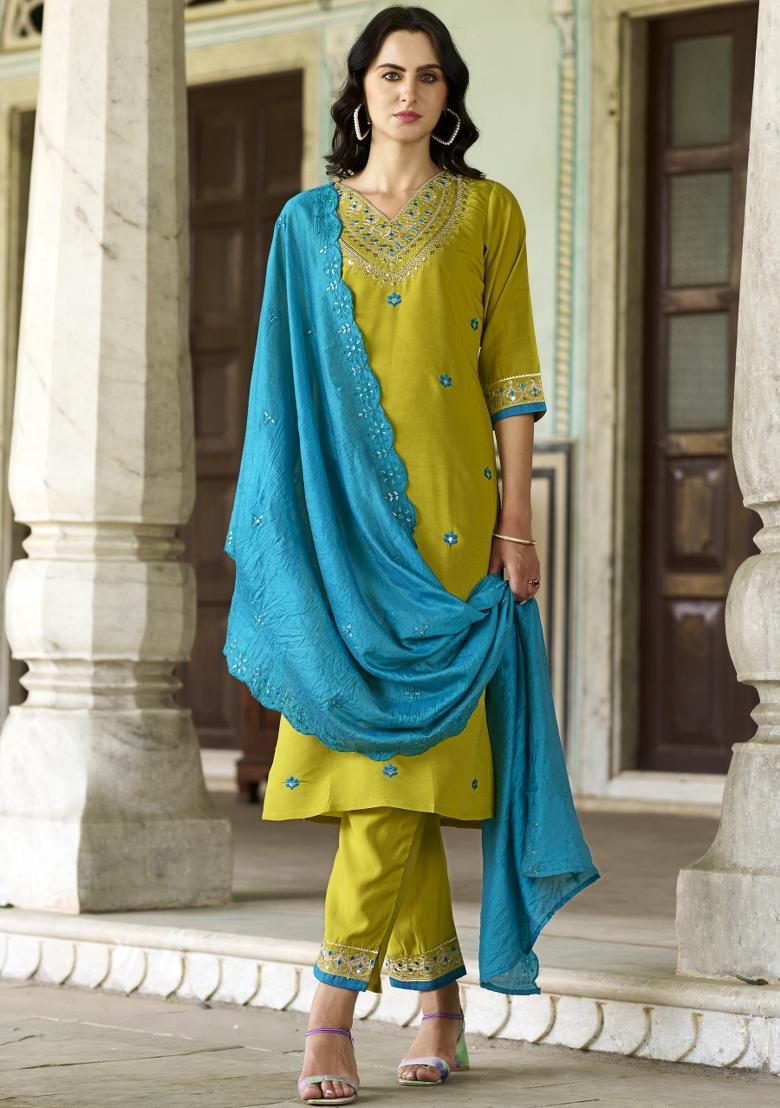 Lemon Yellow Embroidered Silk Blend Salwar Kameez With Dupatta