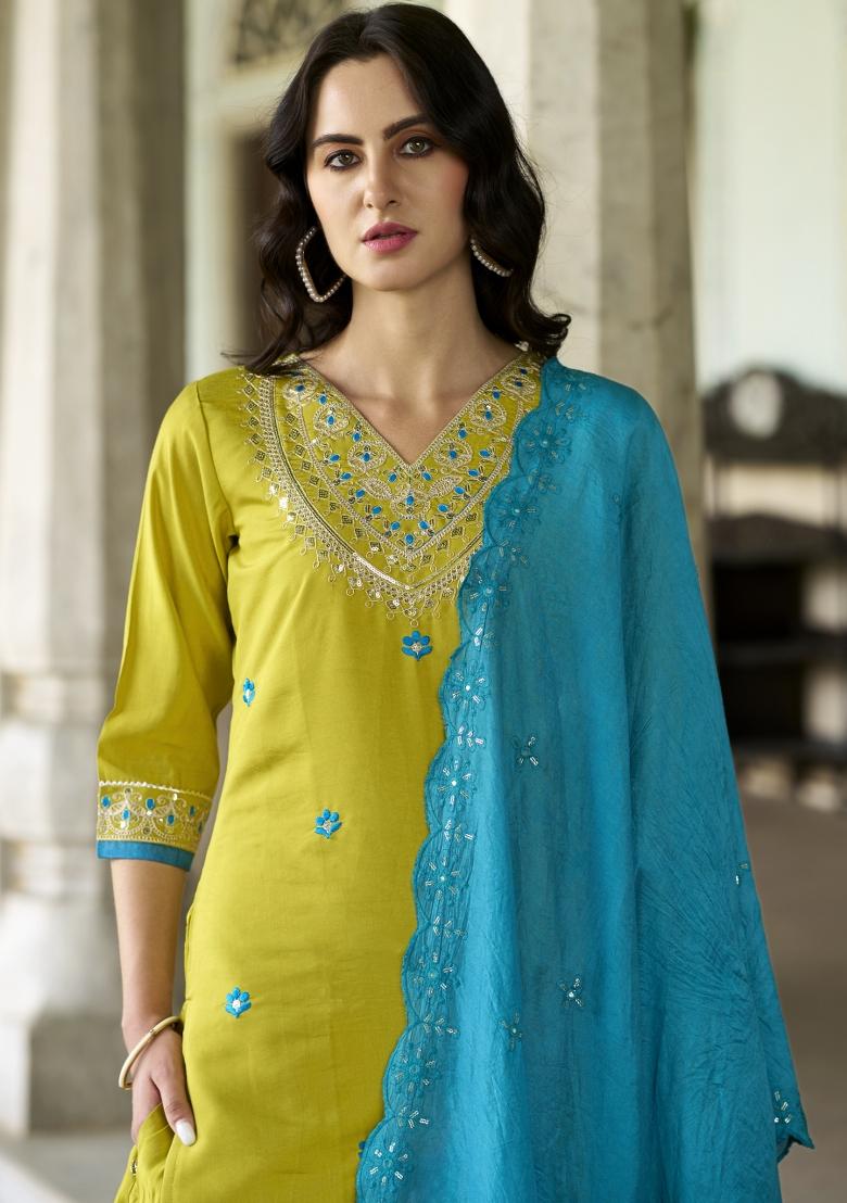 Lemon Yellow Embroidered Silk Blend Salwar Kameez With Dupatta