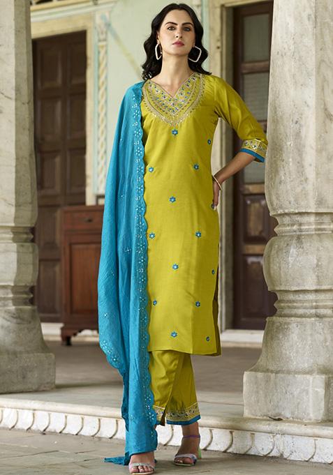 Lemon Yellow Embroidered Silk Blend Salwar Kameez With Dupatta