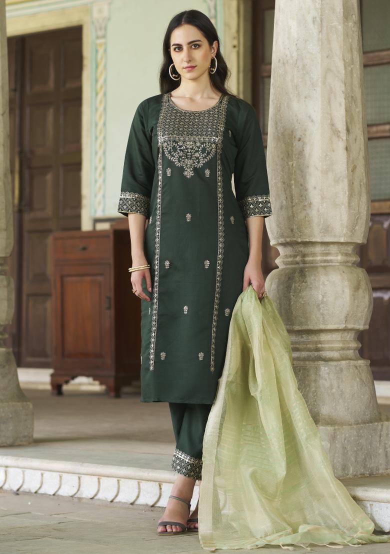 Green Embroidered Viscose Salwar Kameez With Dupatta