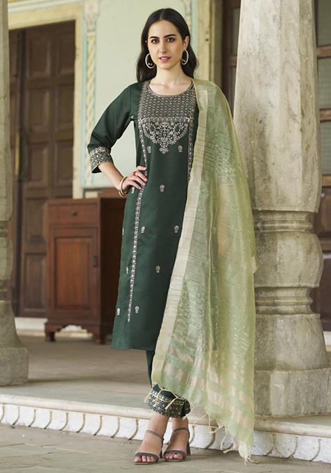 Green Embroidered Viscose Salwar Kameez With Dupatta
