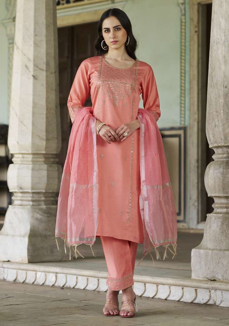 Peach Embroidered Viscose Straight Kurta Set - Indya