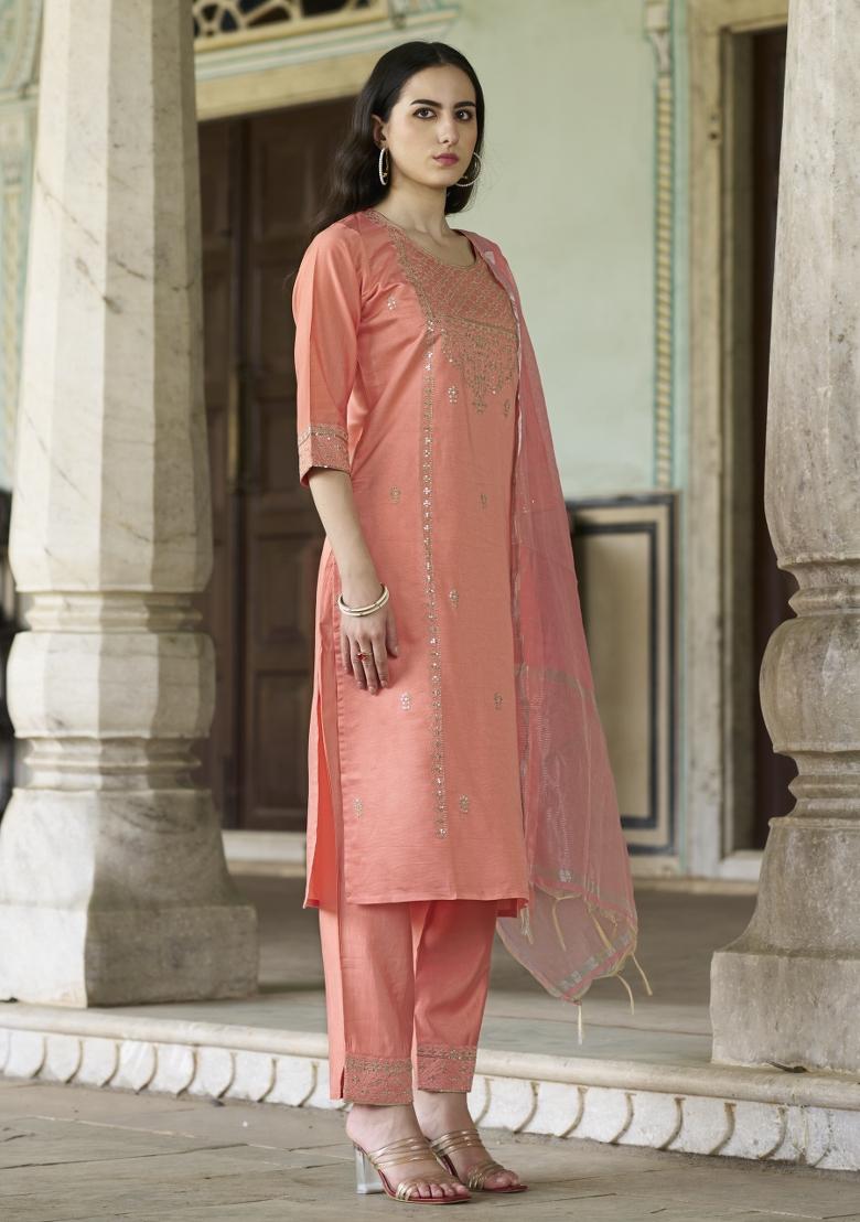 Peach Embroidered Viscose Salwar Kameez With Dupatta