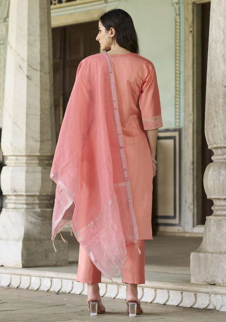 Peach Embroidered Viscose Straight Kurta Set - Indya