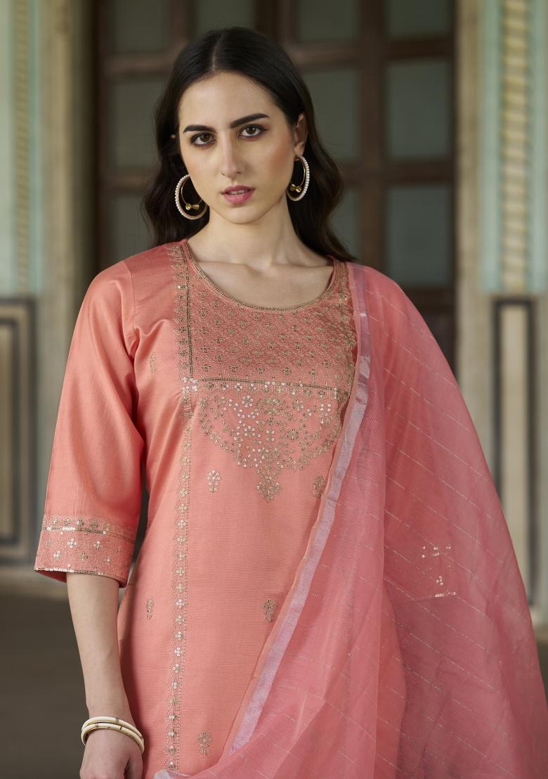 Peach Embroidered Viscose Salwar Kameez With Dupatta