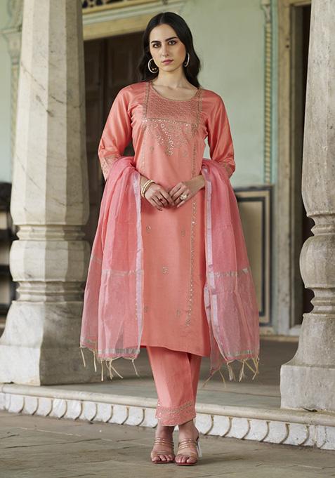 Peach Embroidered Viscose Salwar Kameez With Dupatta