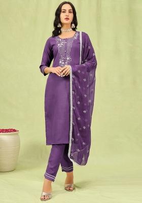 Lavender Embroidered Cotton Blend Salwar Kameez With Dupatta