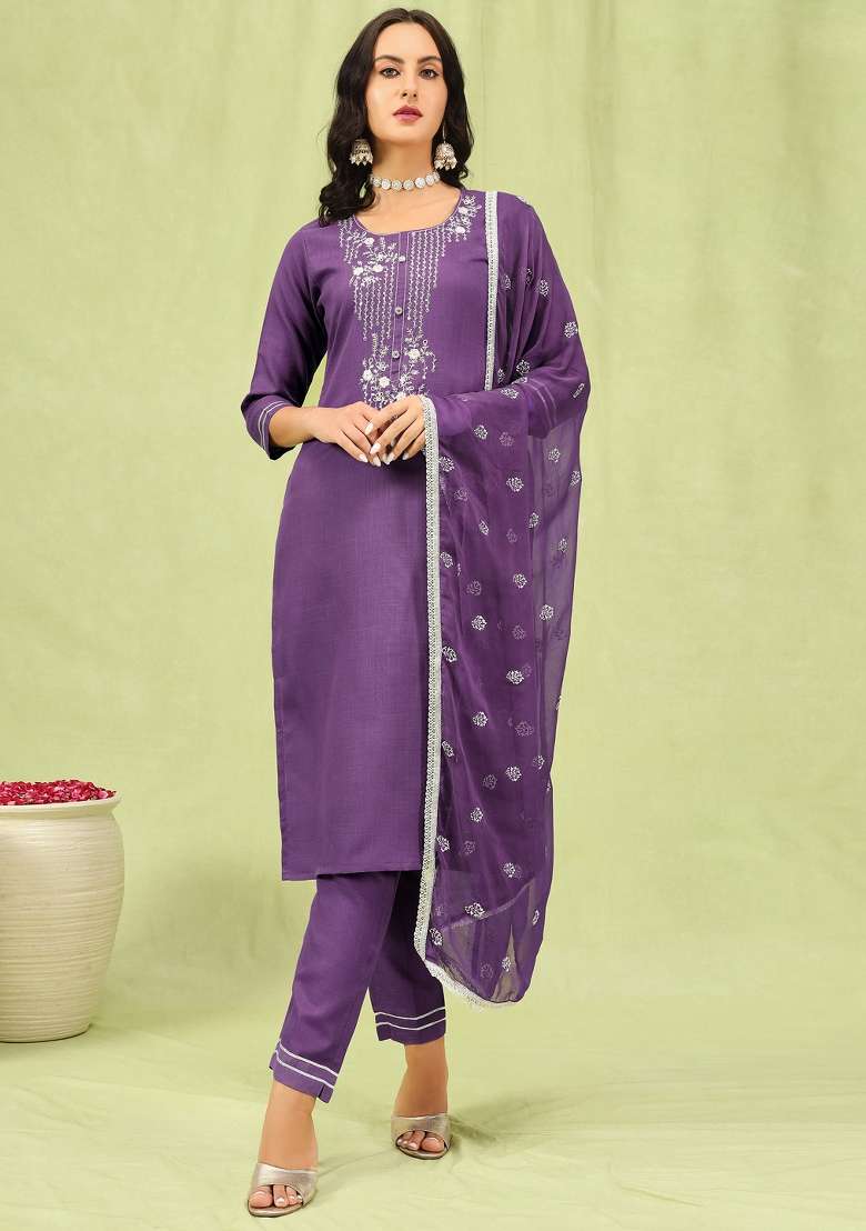 Lavender Embroidered Cotton Straight Kurta Set - Indya