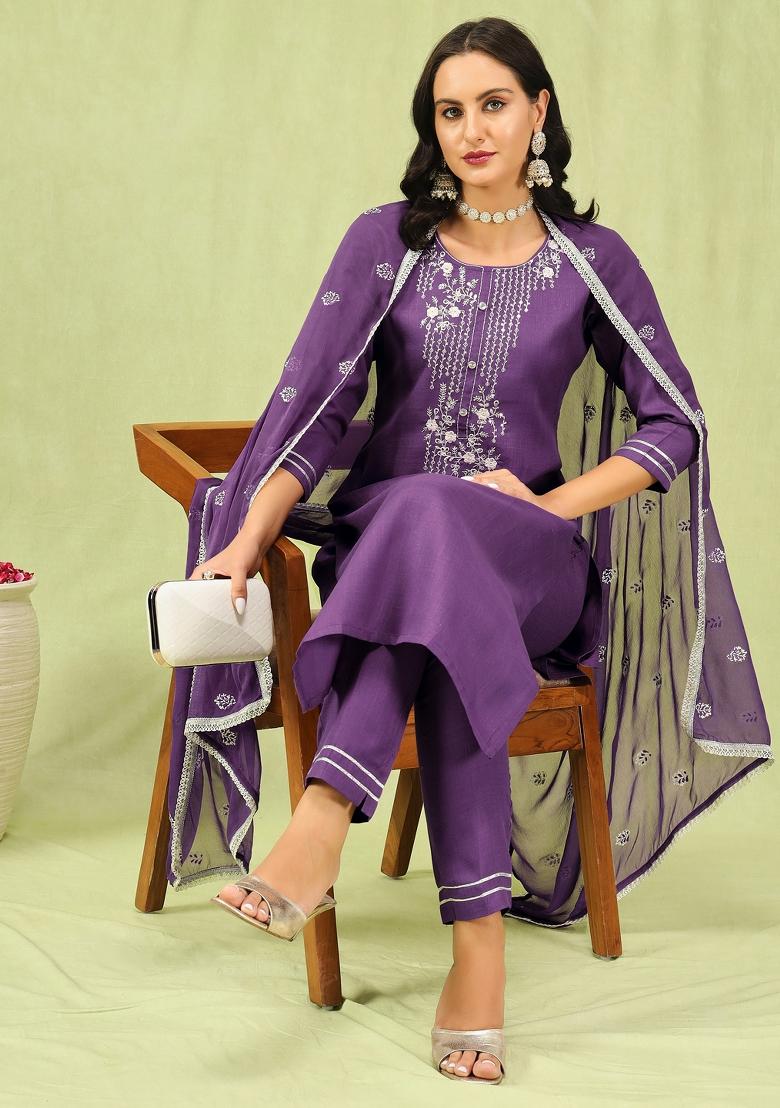 Lavender Embroidered Cotton Blend Salwar Kameez With Dupatta