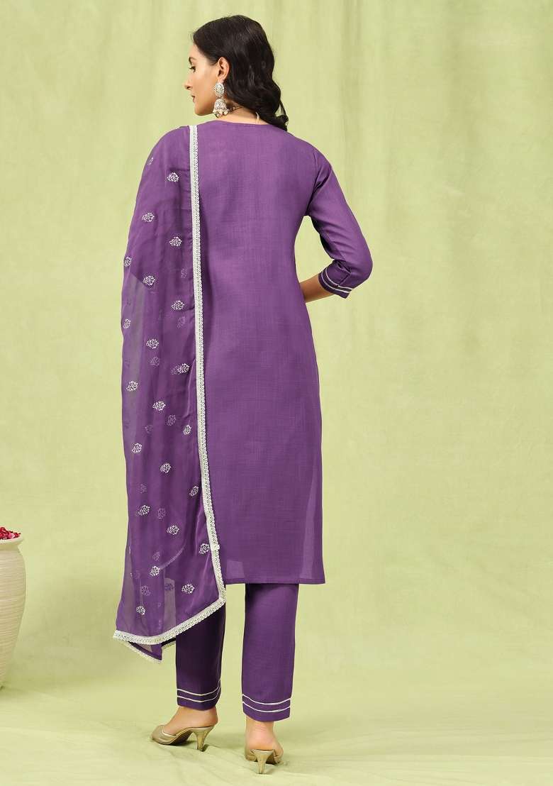 Lavender Embroidered Cotton Straight Kurta Set - Indya