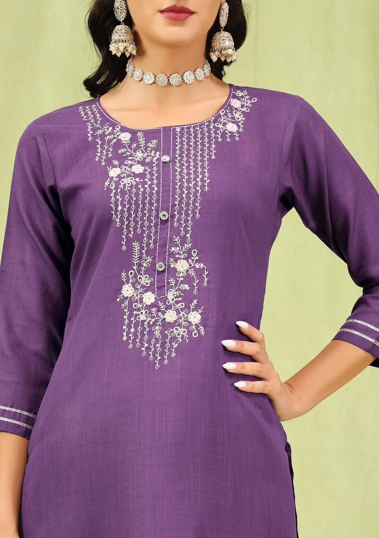 Lavender Embroidered Cotton Blend Salwar Kameez With Dupatta