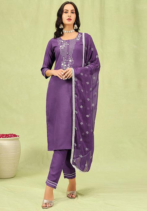 Lavender Embroidered Cotton Blend Salwar Kameez With Dupatta