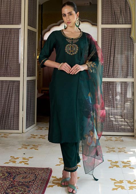 Green Embroidered Cotton Straight Kurta Set