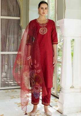Maroon Embroidered Cotton Blend Salwar Kameez With Dupatta