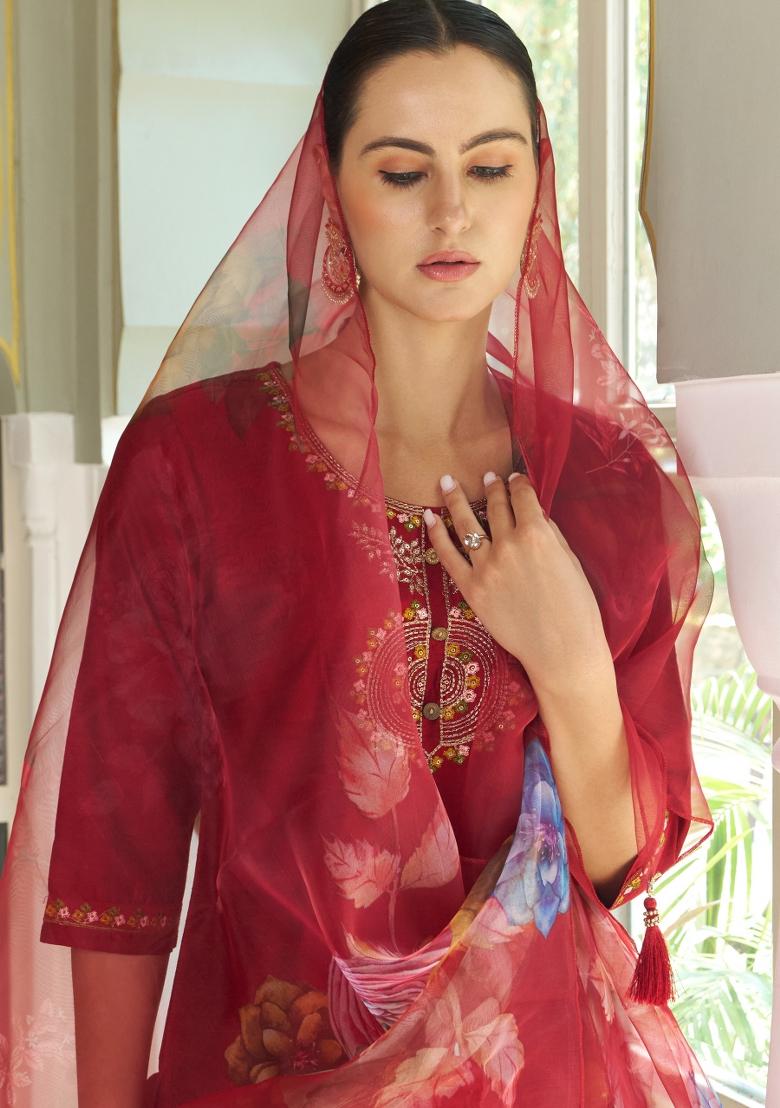 Maroon Embroidered Cotton Blend Salwar Kameez With Dupatta