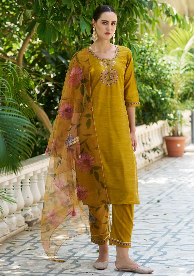 Mustard Yellow Embroidered Cotton Straight Kurta Set - Indya