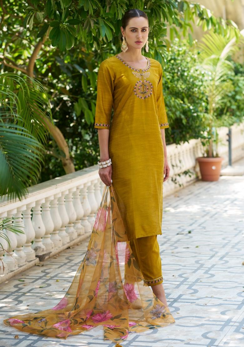 Mustard Yellow Embroidered Cotton Blend Salwar Kameez With Dupatta
