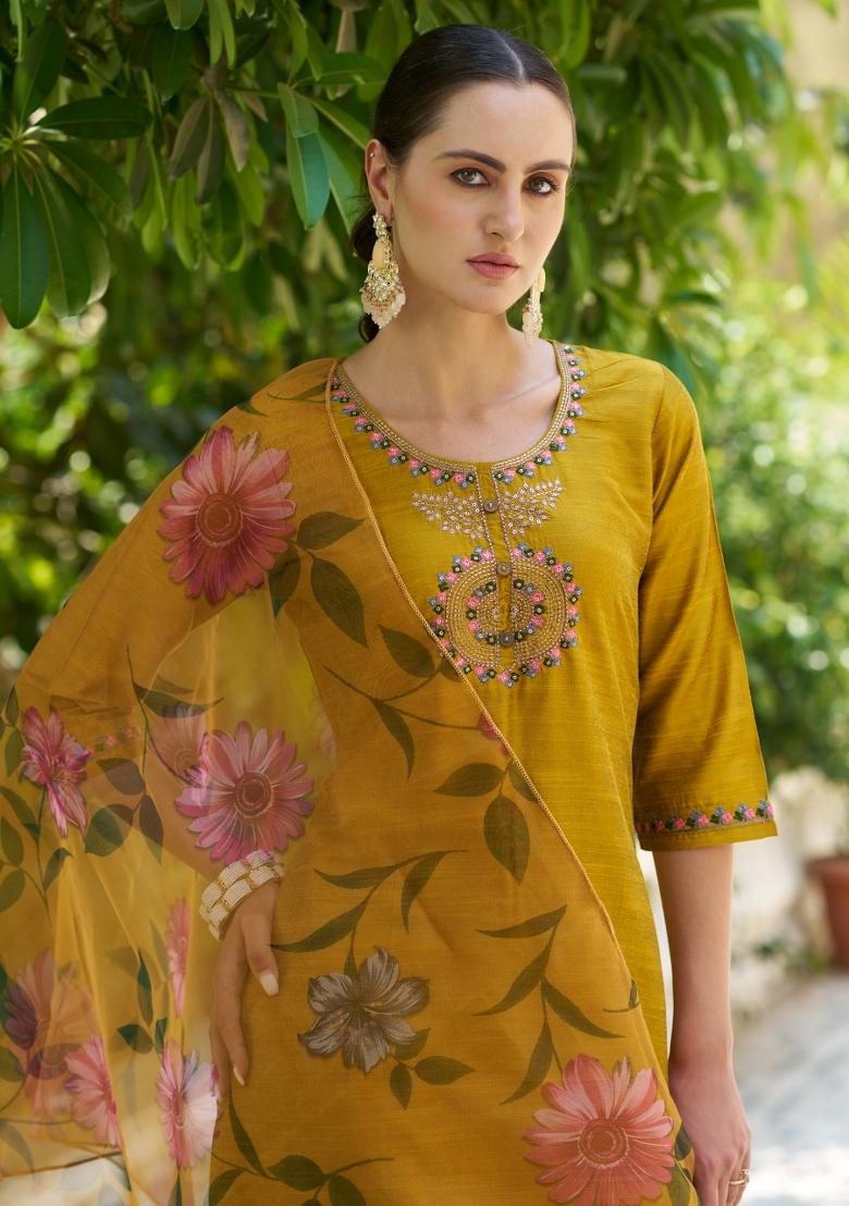 Mustard Yellow Embroidered Cotton Blend Salwar Kameez With Dupatta