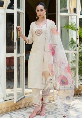 White Embroidered Cotton Blend Salwar Kameez With Dupatta