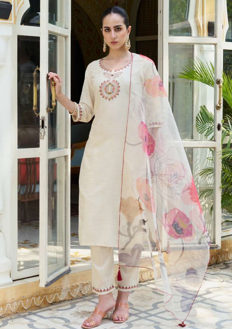 White Embroidered Cotton Straight Kurta Set - Indya