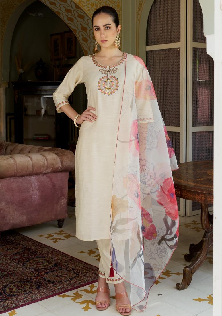 White Embroidered Cotton Blend Salwar Kameez With Dupatta