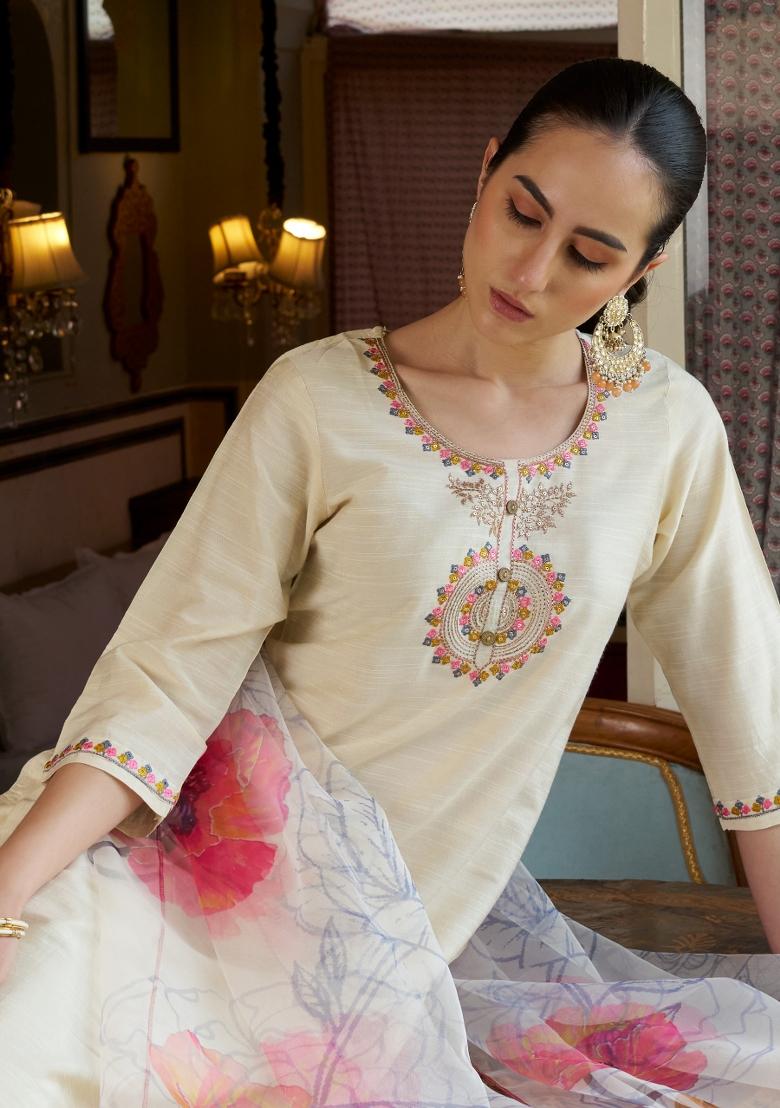 White Embroidered Cotton Blend Salwar Kameez With Dupatta