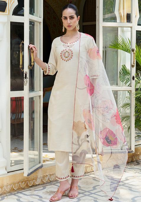 White Embroidered Cotton Blend Salwar Kameez With Dupatta