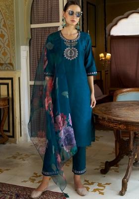 Teal Blue Embroidered Cotton Blend Salwar Kameez With Dupatta