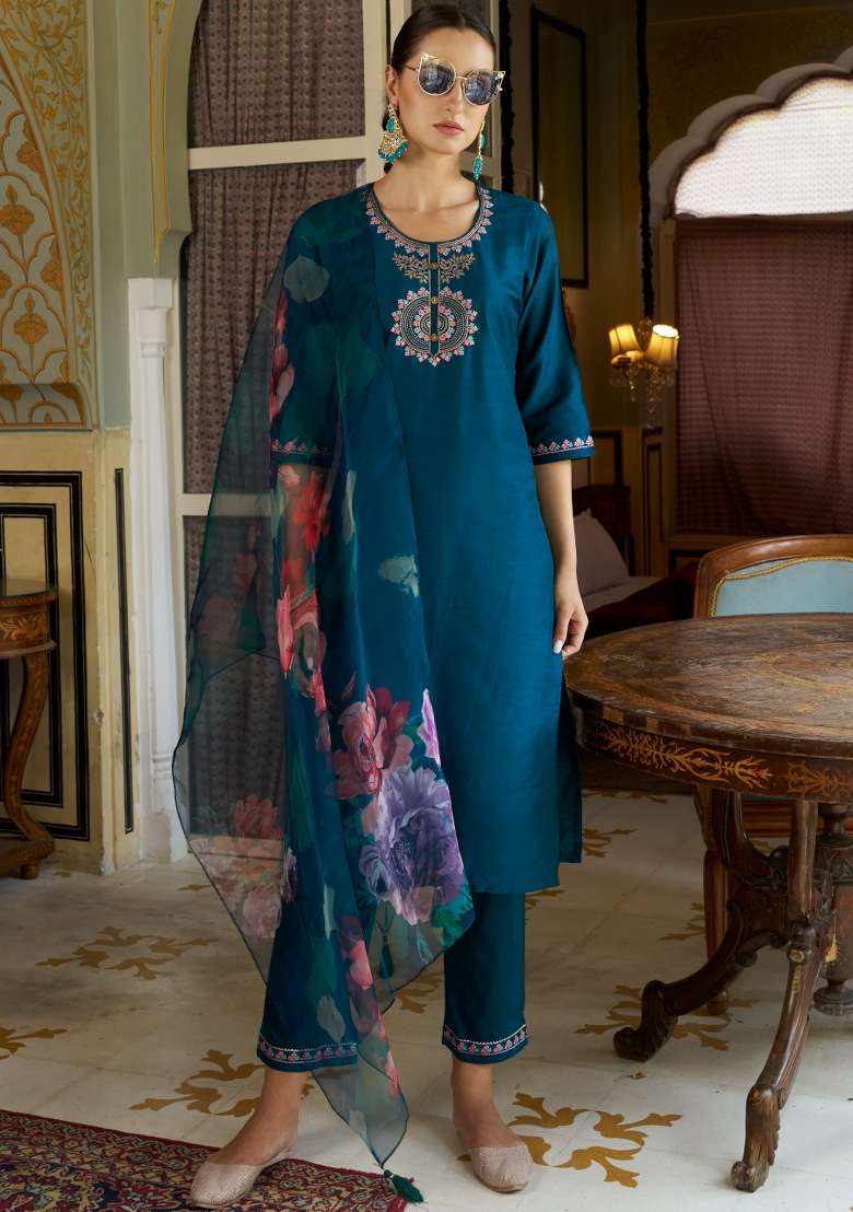 Teal Blue Embroidered Cotton Straight Kurta Set - Indya