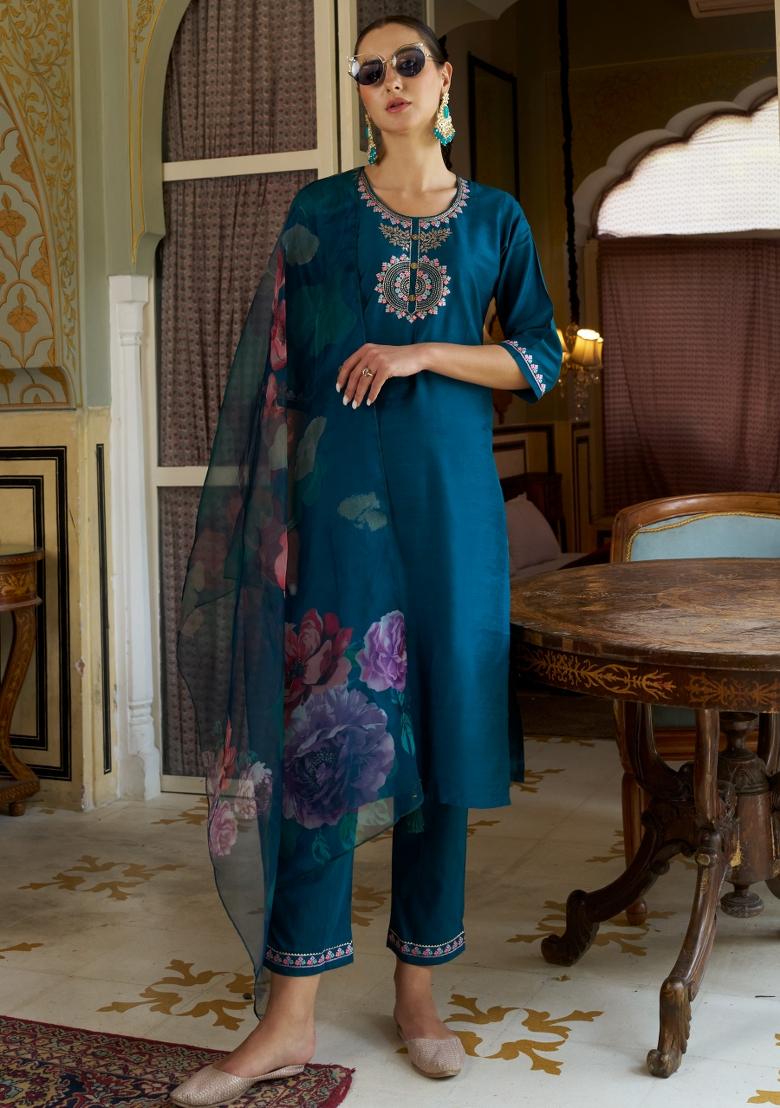Teal Blue Embroidered Cotton Blend Salwar Kameez With Dupatta