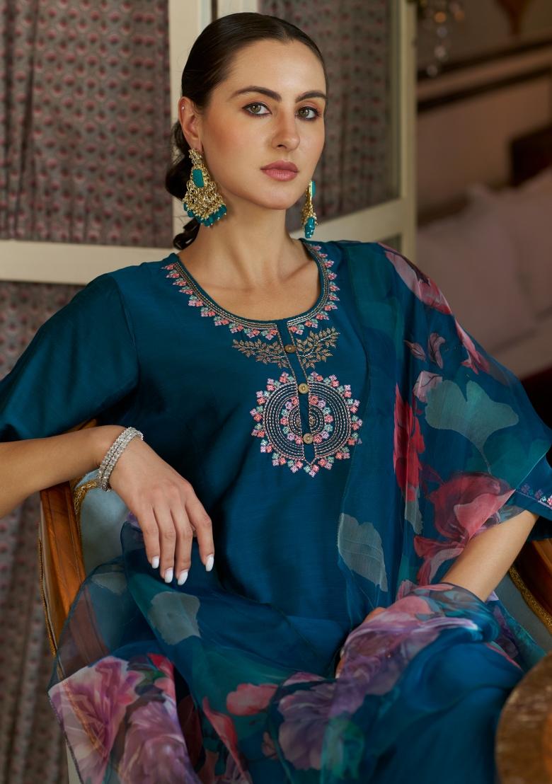 Teal Blue Embroidered Cotton Blend Salwar Kameez With Dupatta