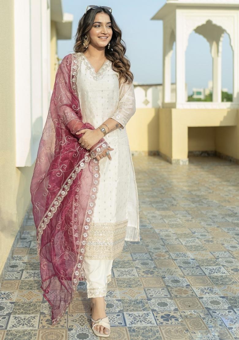 White Embroidered Chanderi Salwar Kameez With Dupatta