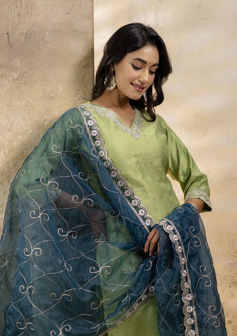 Mehendi Green Embroidered Chanderi Salwar Kameez With Dupatta