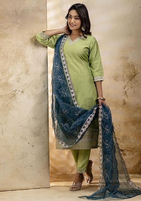 Mehendi Green Embroidered Chanderi Straight Kurta Set