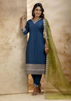 Teal Blue Embroidered Chanderi Salwar Kameez With Dupatta