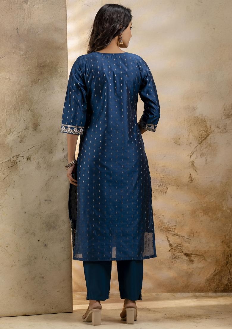 Teal Blue Embroidered Chanderi Salwar Kameez With Dupatta