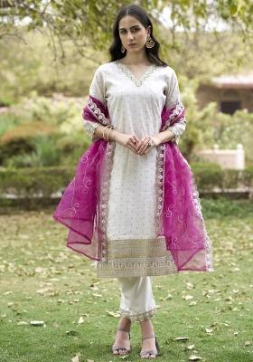 White Embroidered Chanderi Salwar Kameez With Dupatta
