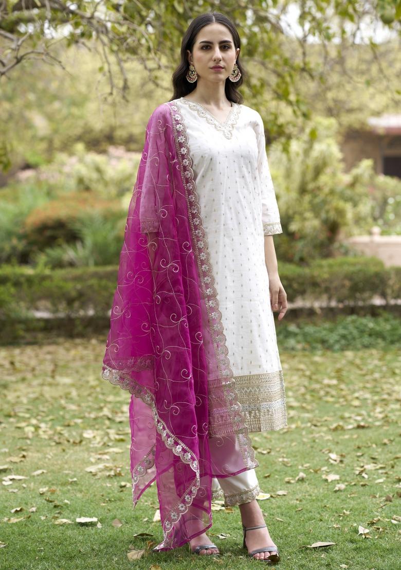 White Embroidered Chanderi Salwar Kameez With Dupatta