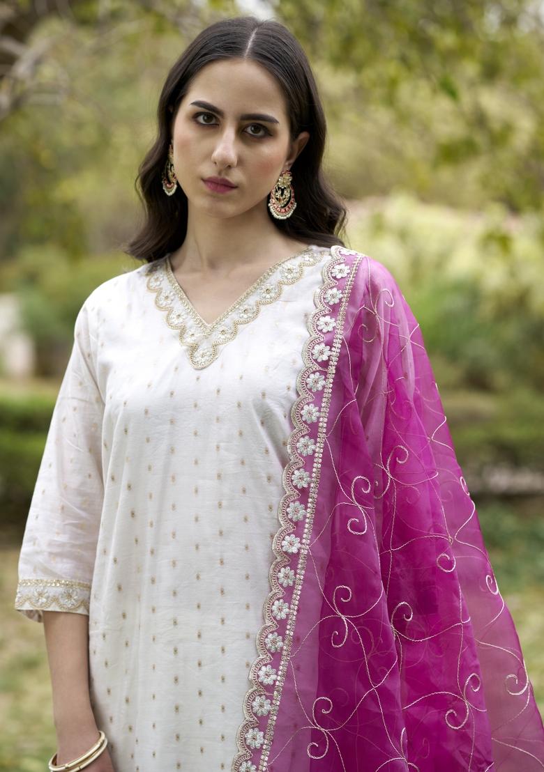 White Embroidered Chanderi Salwar Kameez With Dupatta