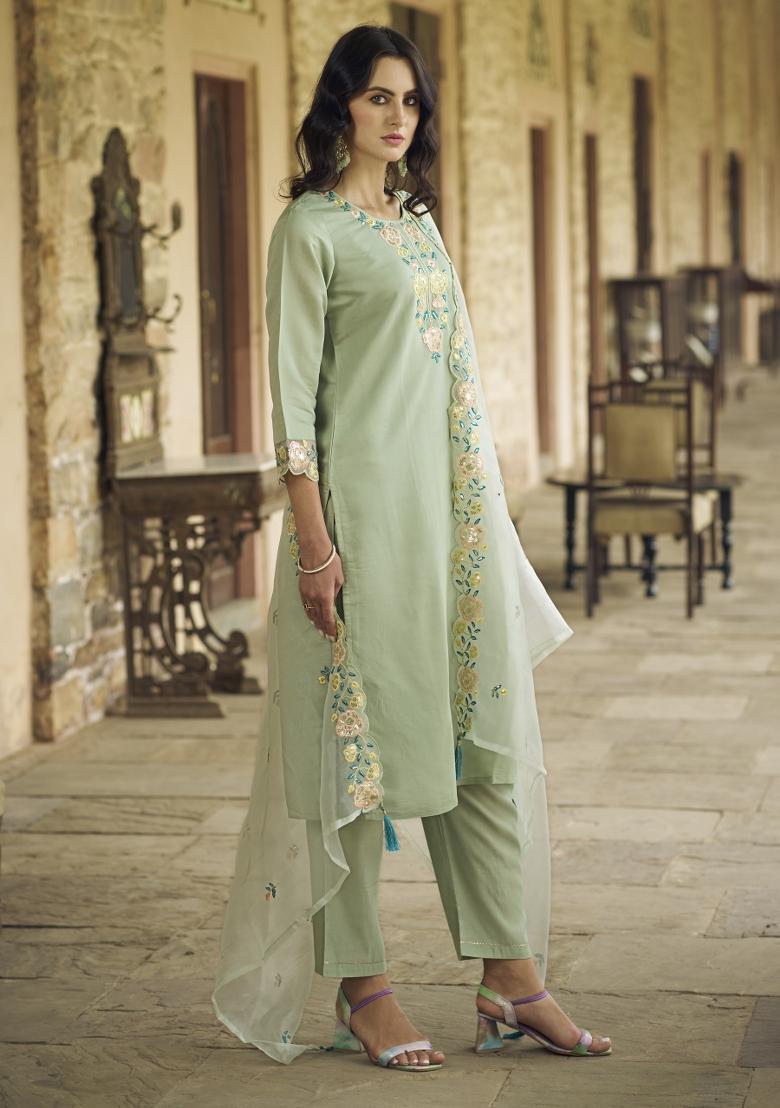 Green Embroidered Viscose Salwar Kameez With Dupatta