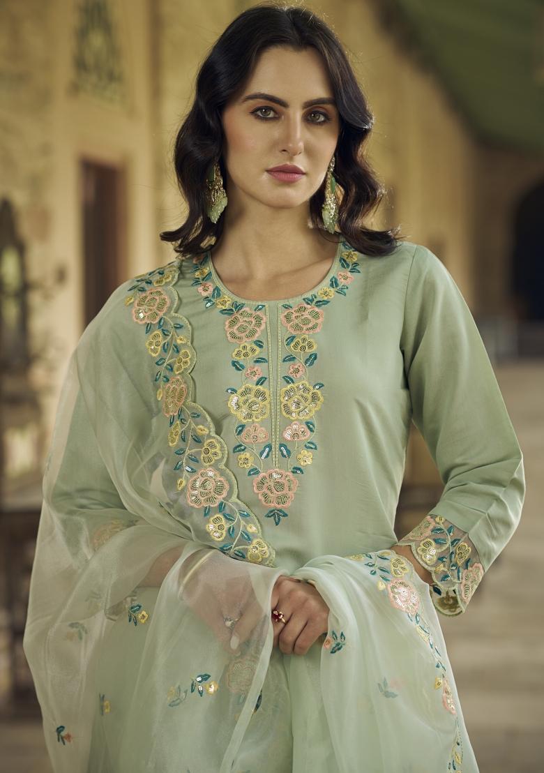 Green Embroidered Viscose Salwar Kameez With Dupatta