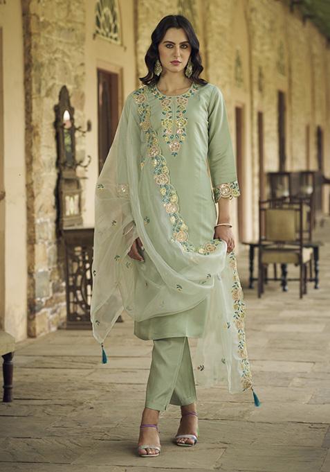Green Embroidered Viscose Salwar Kameez With Dupatta