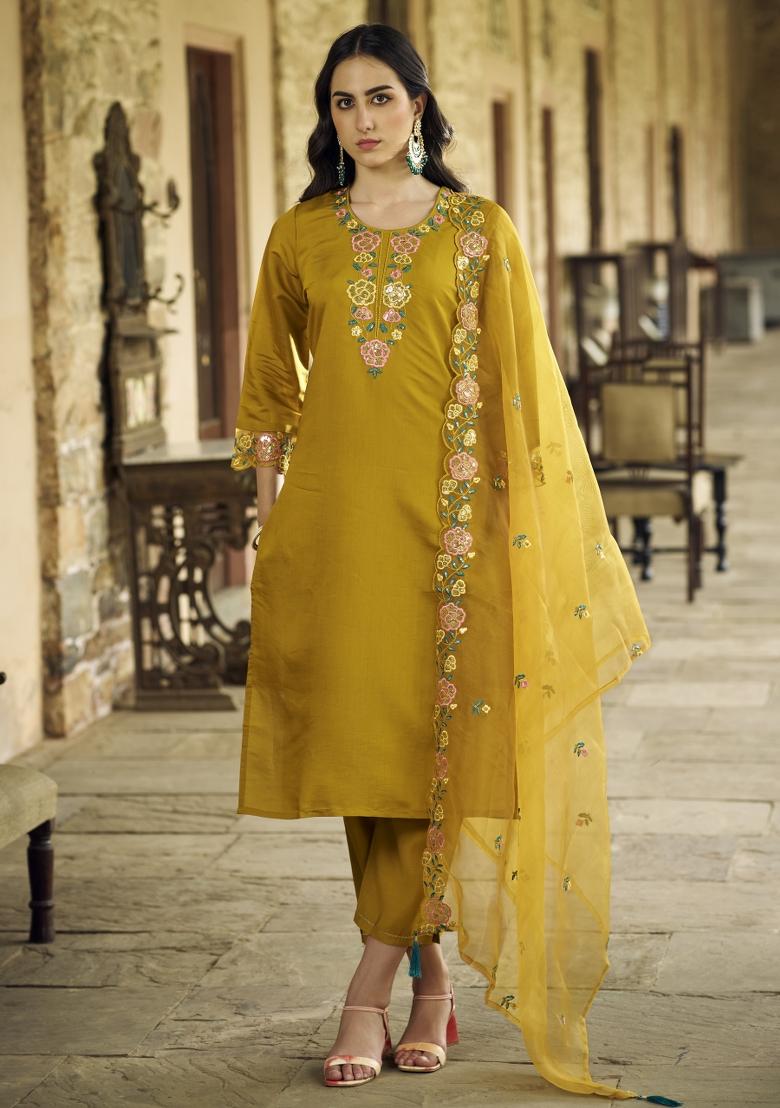 Mustard Yellow Embroidered Viscose Salwar Kameez With Dupatta