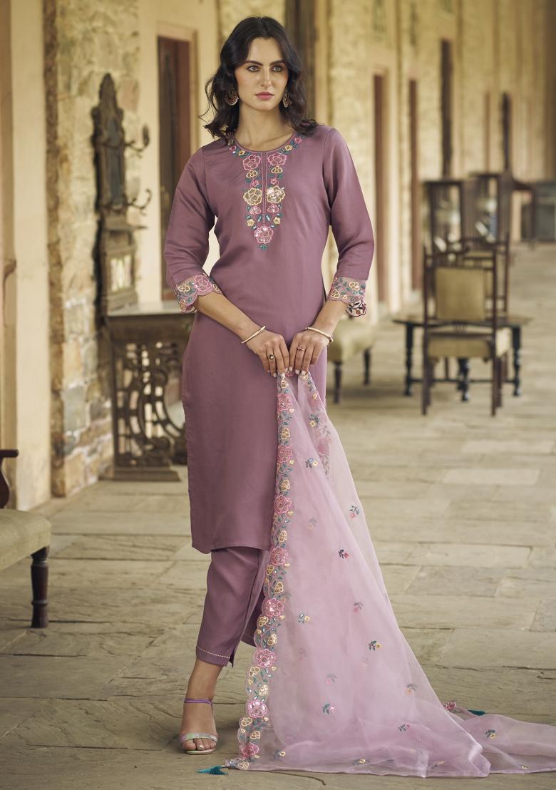 Purple Embroidered Viscose Salwar Kameez With Dupatta