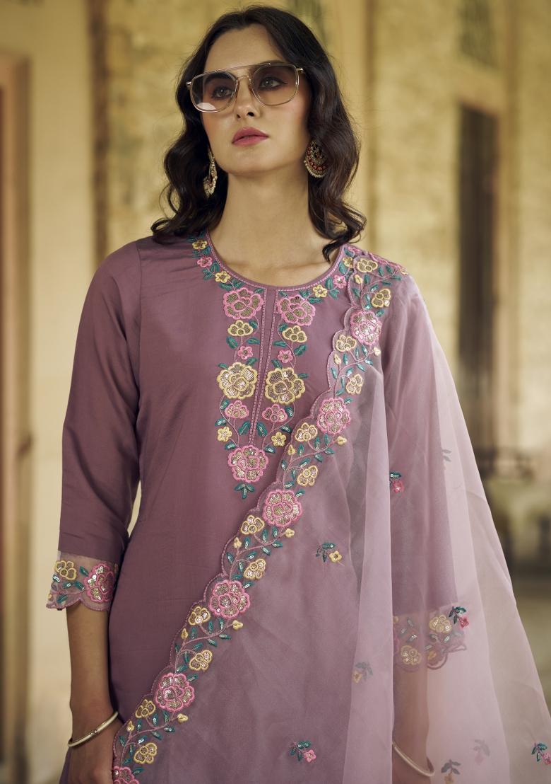 Purple Embroidered Viscose Salwar Kameez With Dupatta