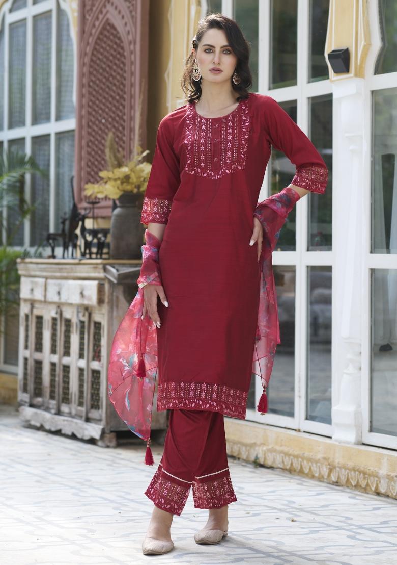 Cherry Red Embroidered Cotton Blend Salwar Kameez With Dupatta