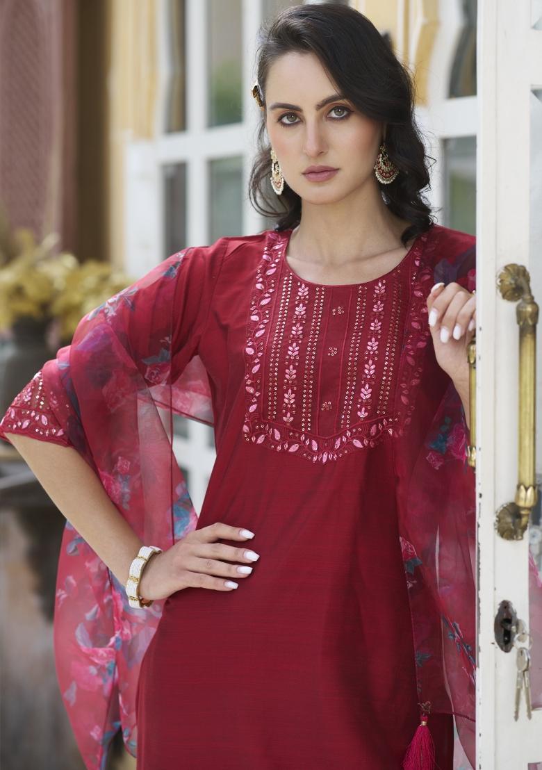 Cherry Red Embroidered Cotton Blend Salwar Kameez With Dupatta