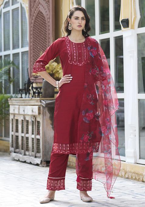 Cherry Red Embroidered Cotton Blend Salwar Kameez With Dupatta